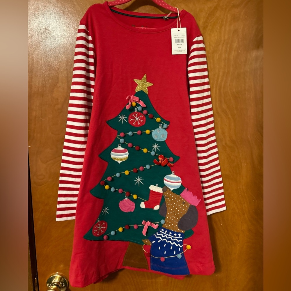 NWT - Girls MiniBoden dress. Red with Christmas tree. Size 9/10